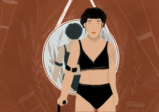 ilustração de uma mulher branca, com cabelos escuros, presos em dois coques, usando muleta, calcinha e sutiã preto de costas para o espelho. O fundo é marrom terra.