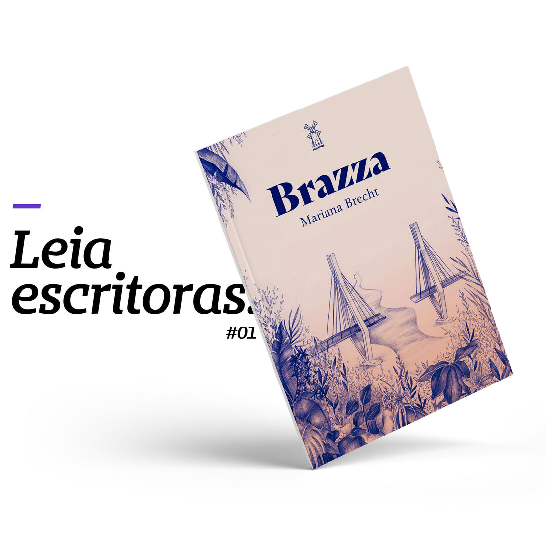 card branco escrito em preto: Leia  escritoras. Brazza, de Mariana Brecht, indicação Jéssica Balbino, e com foto da capa do livro, em rosa salmão e roxo, com ilustração de uma ponte partida, um rio passando por baixo e plantas em primeiro plano. 